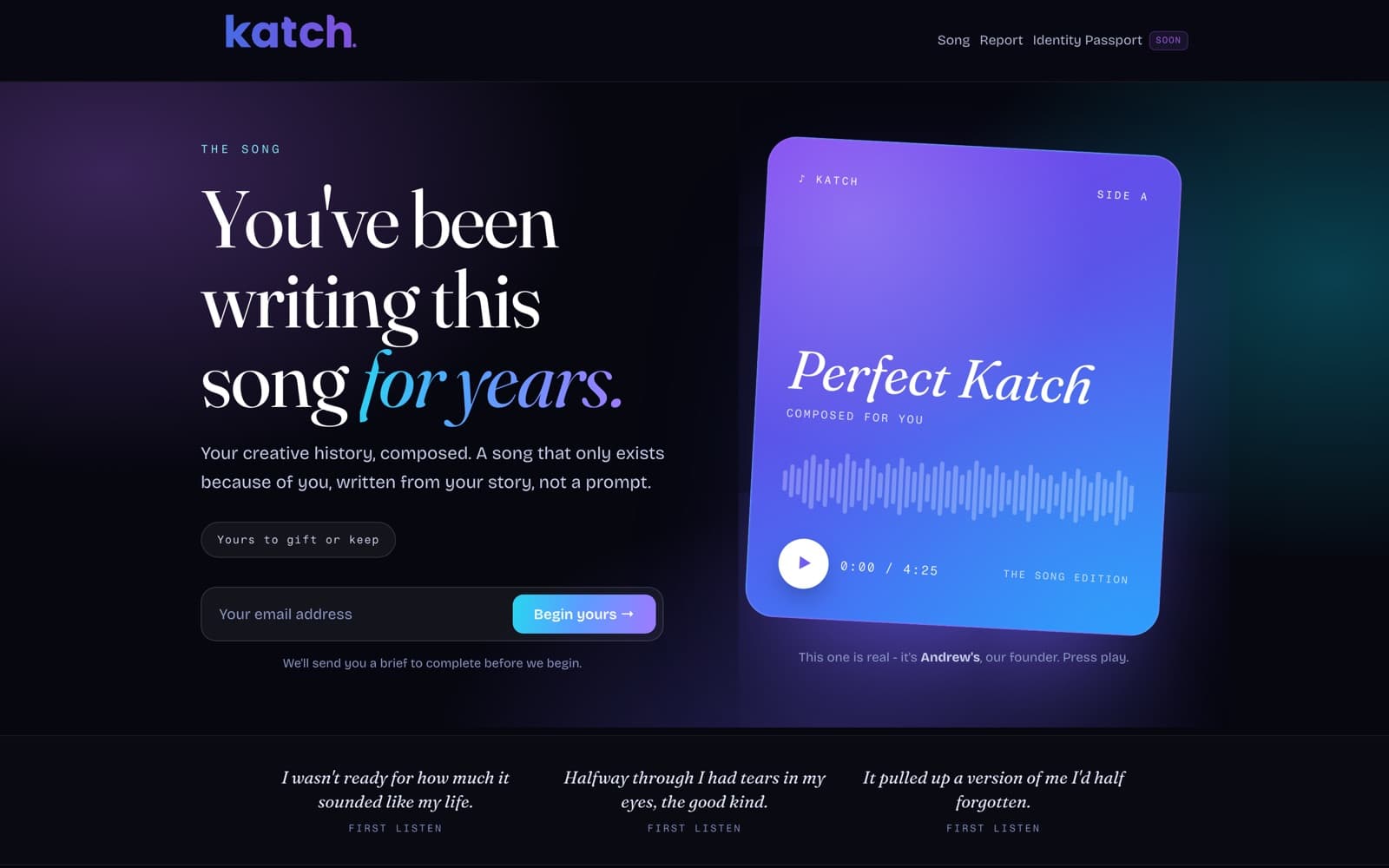 Katch song product landing page with an album-style player